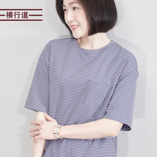 海军风细条纹短袖圆领上衣打底衫休闲宽松大码女装夏装新款T恤