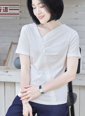 不规则V领短袖T恤纯色白色修身打底衫半袖夏装新款女士上衣小衫
