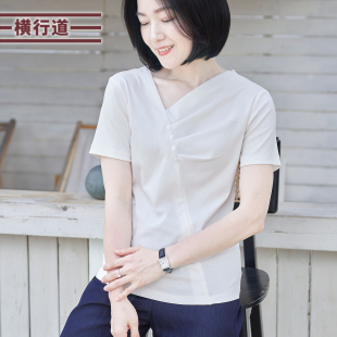 不规则V领短袖T恤纯色白色修身打底衫半袖夏装新款女士上衣小衫