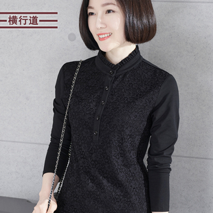 立领花边长袖T恤女装纽扣纯色打底衫2026新款春休闲中年妈妈上衣