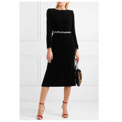 2019欧美新款女神气质后V领镶钻丝绒黑色年会晚宴会小礼服连衣裙