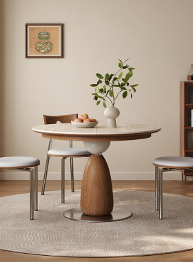 月涧洞石岩板实木伸缩圆形餐桌变椭圆形拉伸桌子小户型现代折叠桌