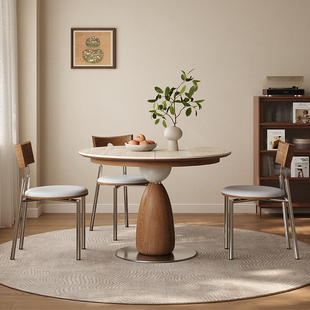 月涧洞石岩板实木伸缩圆形餐桌变椭圆形拉伸桌子小户型现代折叠桌