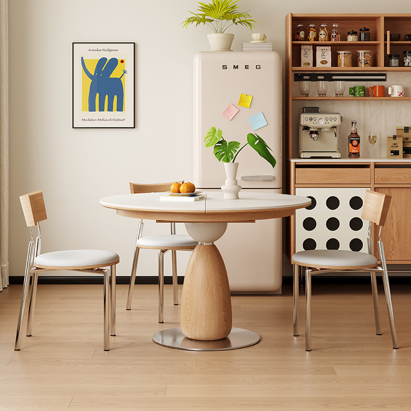 月涧原木色伸缩圆形实木岩板餐桌可变椭圆形小户型现代折叠拉伸桌