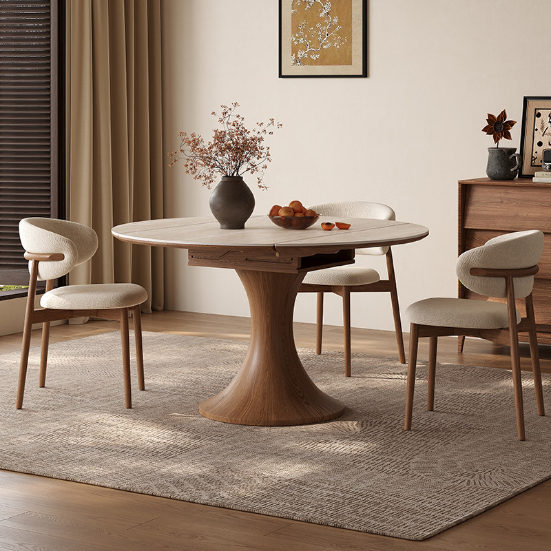 可伸缩洞石岩板实木圆形餐桌家用小户型智能电磁炉多功能折叠桌子