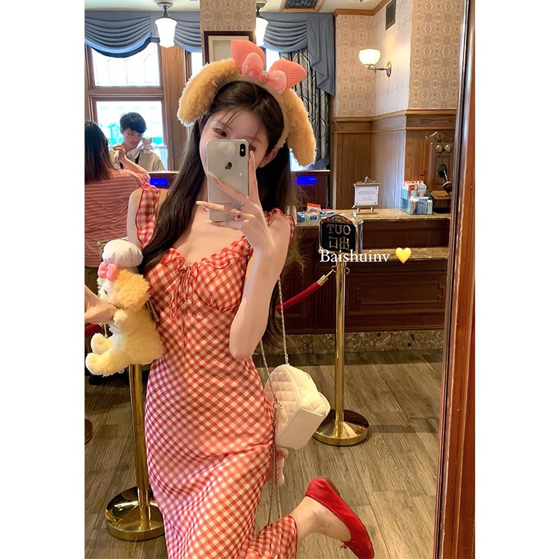 【原版做法＋内里】甜美法式红色格子吊带连衣裙子女度假风鱼尾长