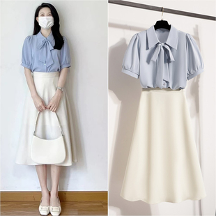 蝴蝶结蓝色雪纺衬衫女夏季短袖职业答辩穿搭正装教资面试套装裙