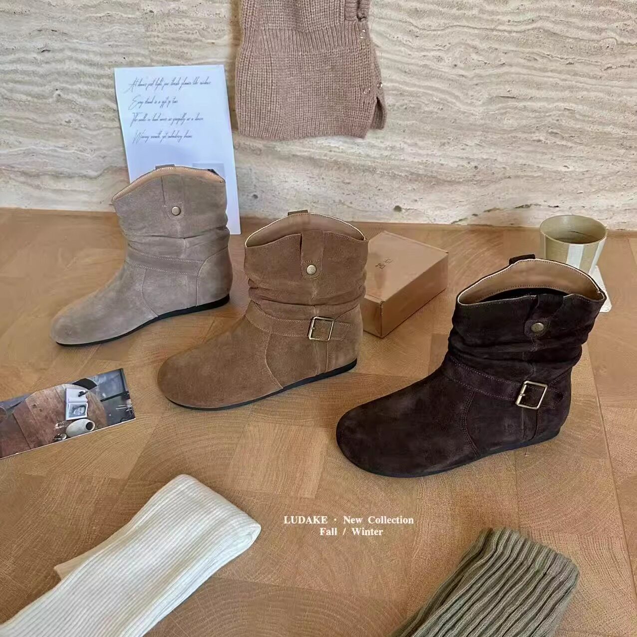 复古勃肯短靴堆堆靴女秋冬软平底磨砂皮短靴圆头一脚蹬马丁靴加绒