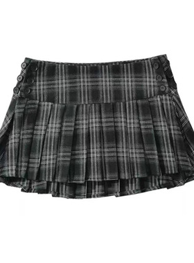 美式复古学院风格子百褶裙黑色格纹JK半身短裙显腿长百搭a字裙女