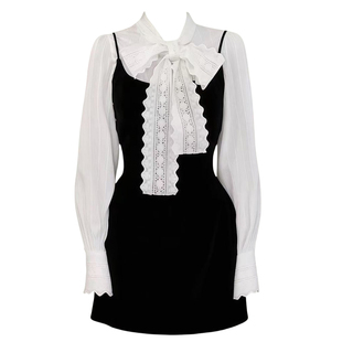 千金穿搭蕾丝蝴蝶结提花衬衫复古丝绒收腰吊带连衣裙两件套装裙女