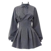 自制设计感法式 裙子短裙 裙女秋冬短款 灰色波点收腰长袖 连衣裙衬衫