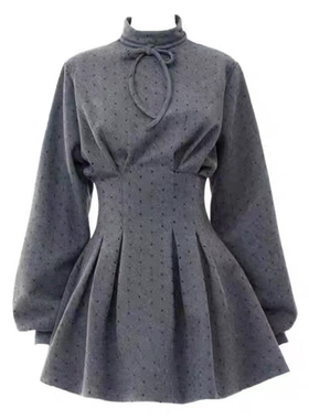 自制设计感法式灰色波点收腰长袖连衣裙衬衫裙女秋冬短款裙子短裙