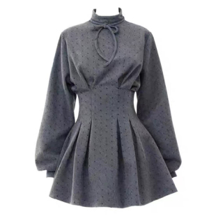 裙女秋冬短款 连衣裙衬衫 裙子短裙 灰色波点收腰长袖 自制设计感法式