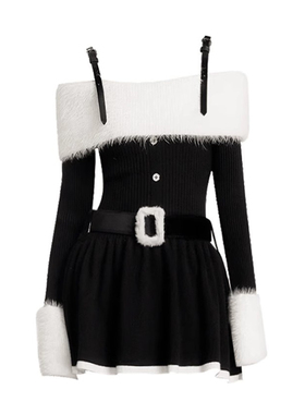 圣诞2025春秋纯欲甜美辣妹一字肩长袖针织连衣裙气质氛围感吊带裙