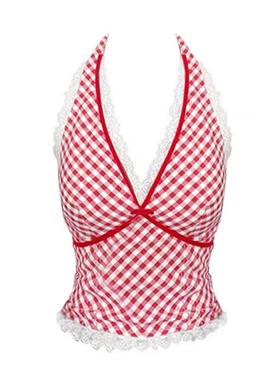 设计感红色格子背心吊带女夏季拼接蕾丝花边v领性感挂脖辣妹上衣