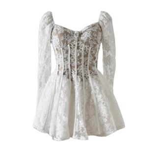 自制芭蕾风方领蕾丝连衣裙女春秋纯欲生日蓬蓬裙过年年会聚会战袍