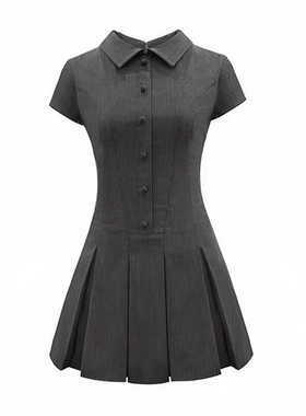 现货美式复古连衣裙a字裙设计感短袖衬衫裙灰色学院西装料茶歇裙