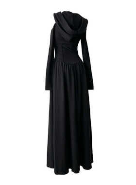 万圣节设计感哥特暗黑沙丘废土风长袖连衣裙女巫连帽收腰黑色长裙