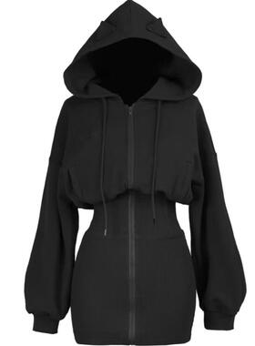 万圣节黑色卫衣裙女秋冬小恶魔长袖小黑裙辣妹连帽收腰包臀卫衣裙