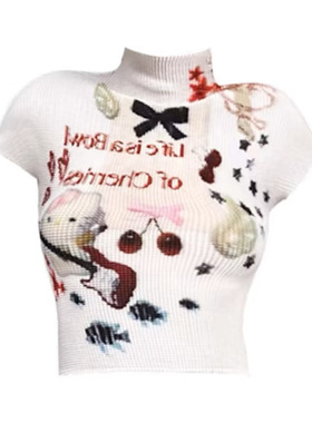 美式辣妹y2k千禧风短袖t恤女设计感小众猫猫/星星印花褶皱上衣女