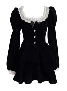 现货复古宫廷风黑色丝绒连衣裙女富家千金感公主裙收腰蓬蓬蛋糕裙