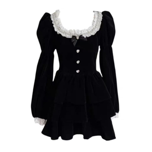 现货复古宫廷风黑色丝绒连衣裙女富家千金感公主裙收腰蓬蓬蛋糕裙