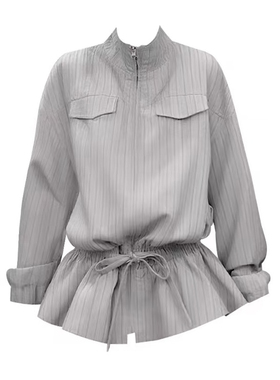 自制复古设计感小众'米兰往事'翻领条纹收腰抽绳外套拉链夹克早秋