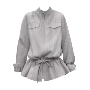 自制复古设计感小众'米兰往事'翻领条纹收腰抽绳外套拉链夹克早秋