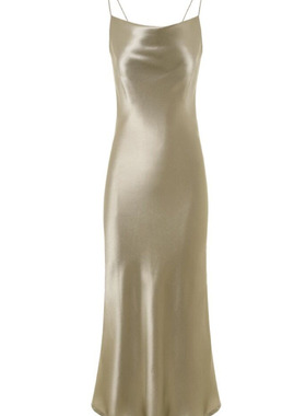 现货荡领醋酸缎面吊带裙连衣裙女夏性感修身绸缎褶皱裙子气质长裙