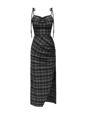 纯欲风鱼尾吊带裙女夏季斩女穿搭开叉格子吊带连衣裙夏修身包臀裙