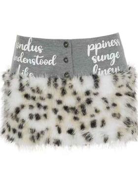美式复古亚比豹纹毛毛拼接低腰短裙千禧辣妹包臀字母亚文化半身裙