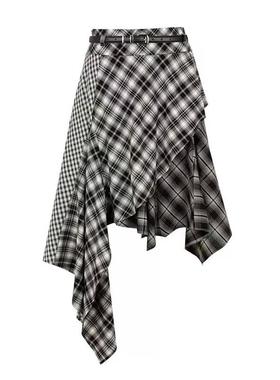设计感黑白格子拼接半身裙复古辣妹不规则解构高腰显瘦a字中长裙