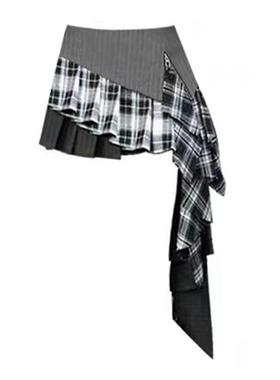 自制美式复古灰色辣妹格子短裙甜酷少女不规则设计感拼接半身裙女