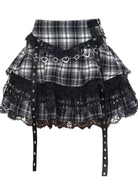 美式复古学院风亚文化格子jk半身裙女夏朋克蕾丝拼接蓬蓬裙短裙