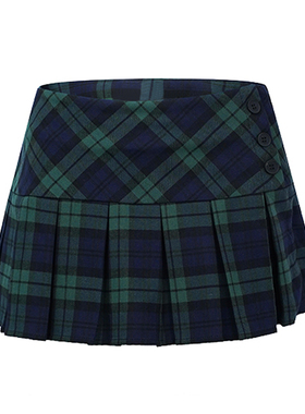 自制设计感小众复古绿格超短低腰百褶裙jk防走光百褶短裙半身裙女
