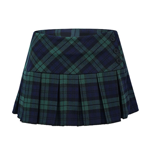 复古绿格超短低腰百褶裙