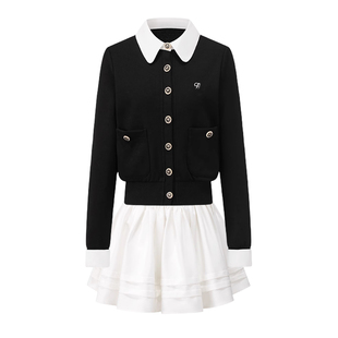 自制千金感少女撞色拼接假两件针织开衫毛衣外套木耳边百褶裙套装