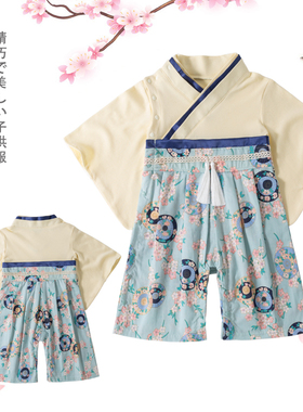 男童春秋长袖婴儿连体衣服 蓝色伞哈衣日式爬服印花和服