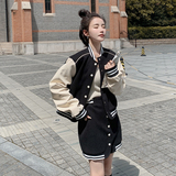 棒球服外套2025新款女春秋短款裙子套装学院风休闲显瘦拼接两件套，女装运动套装，Yologo