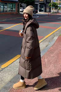 美拉德咖色长款连帽羽绒服女冬2024新款高级感炸街加厚白鹅绒外套图片