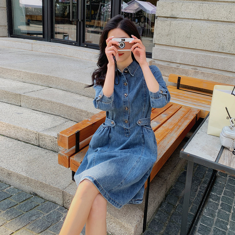 复古高级感牛仔裙连衣裙女2023春夏新款韩版学院风时尚减龄衬衫裙,女装连衣裙,Yologo