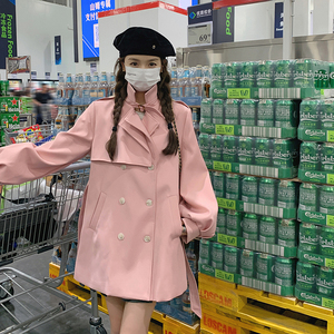 粉色风衣外套女2024春秋新款小个子休闲宽松学院风双排扣气质大衣图片