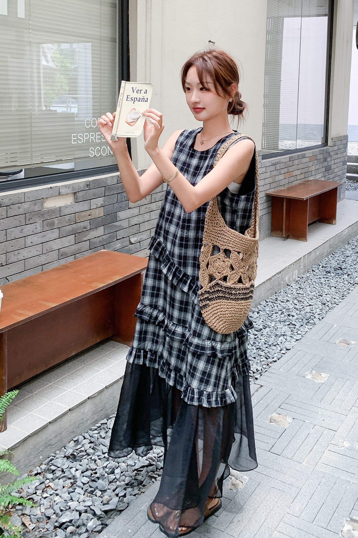温柔风可盐可甜淡人背心长裙女2025夏季网纱拼接木耳边格子连衣裙,女装连衣裙,Yologo