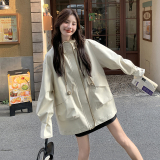 韩版米白色连帽工装外套女2025春秋季新款宽松显瘦休闲设计感上衣，女装短外套，Yologo