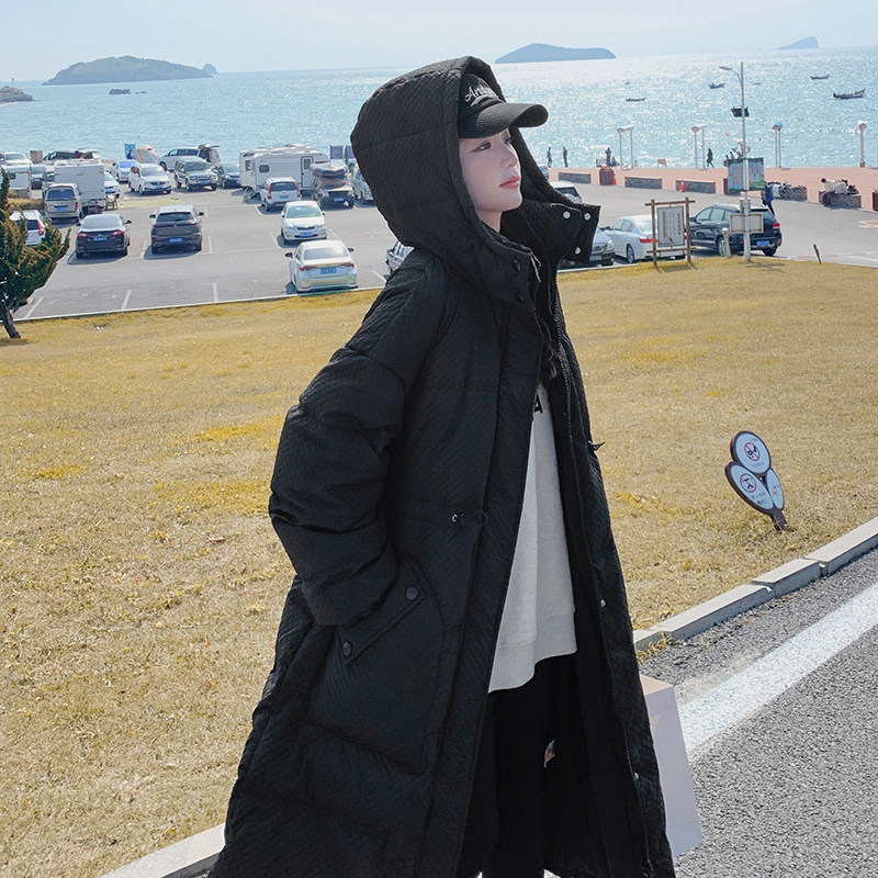 90绒华夫格黑色长款羽绒服女冬季新款加厚连帽抽绳收腰棉服外套图片