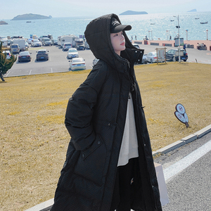 90绒华夫格黑色长款羽绒服女冬季新款加厚连帽抽绳收腰棉服外套图片
