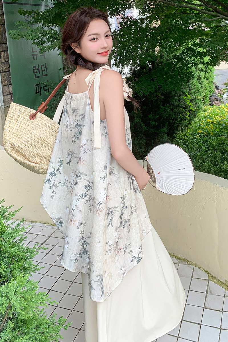 新中式国风碎花气质吊带连衣裙女2025夏季新款宽松显瘦假两件长裙,女装连衣裙,Yologo