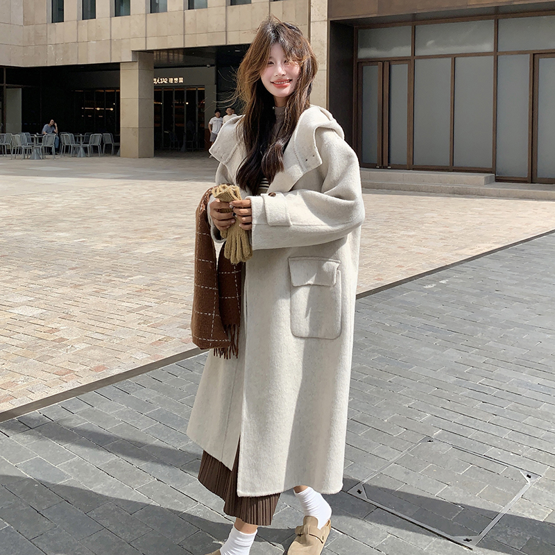 韩版时尚连帽双面羊毛大衣女2025秋冬季新款显瘦加厚长款呢子外套，女装毛呢外套，Yologo