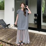 独特漂亮黑色无袖卫衣连衣裙女夏慵懒松弛感鱼尾背心长裙假两件套，女装连衣裙，Yologo