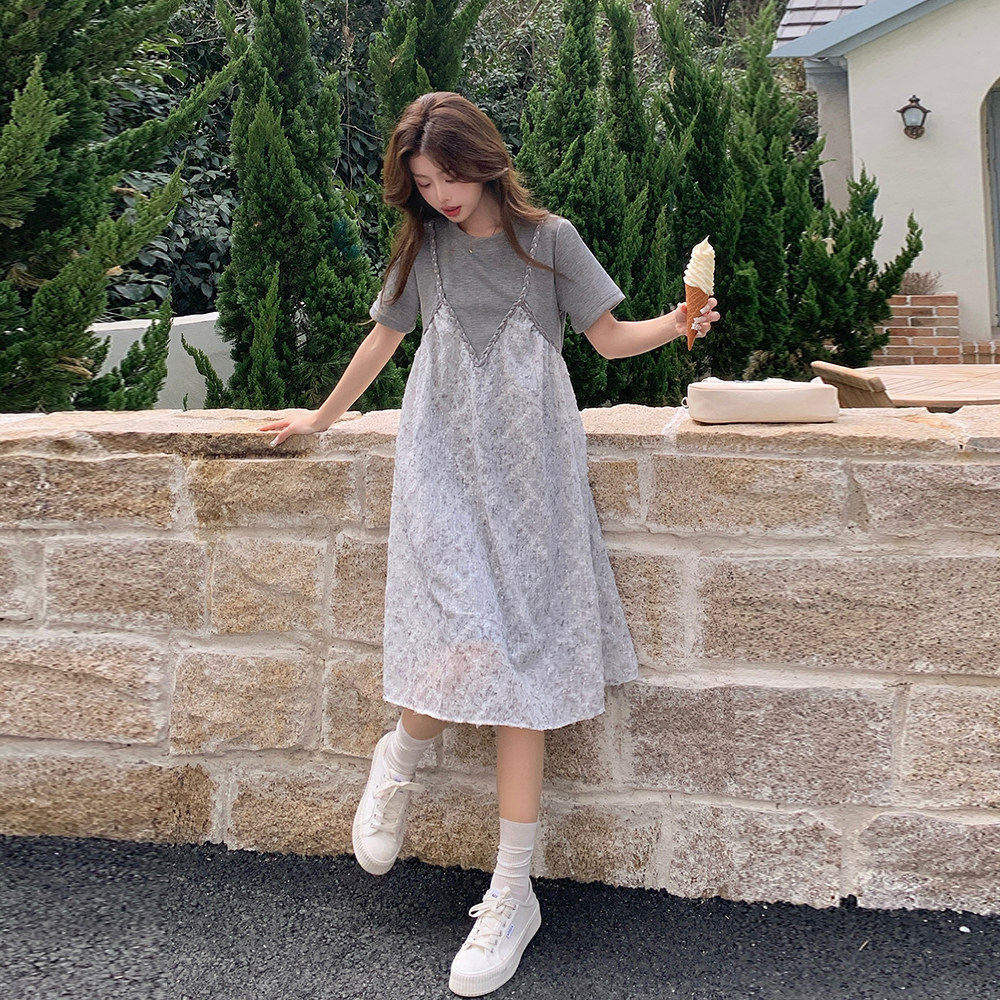 灰色假两件拼接连衣裙女夏2025新款超仙甜美裙子艺术感穿搭巨好看,女装连衣裙,Yologo